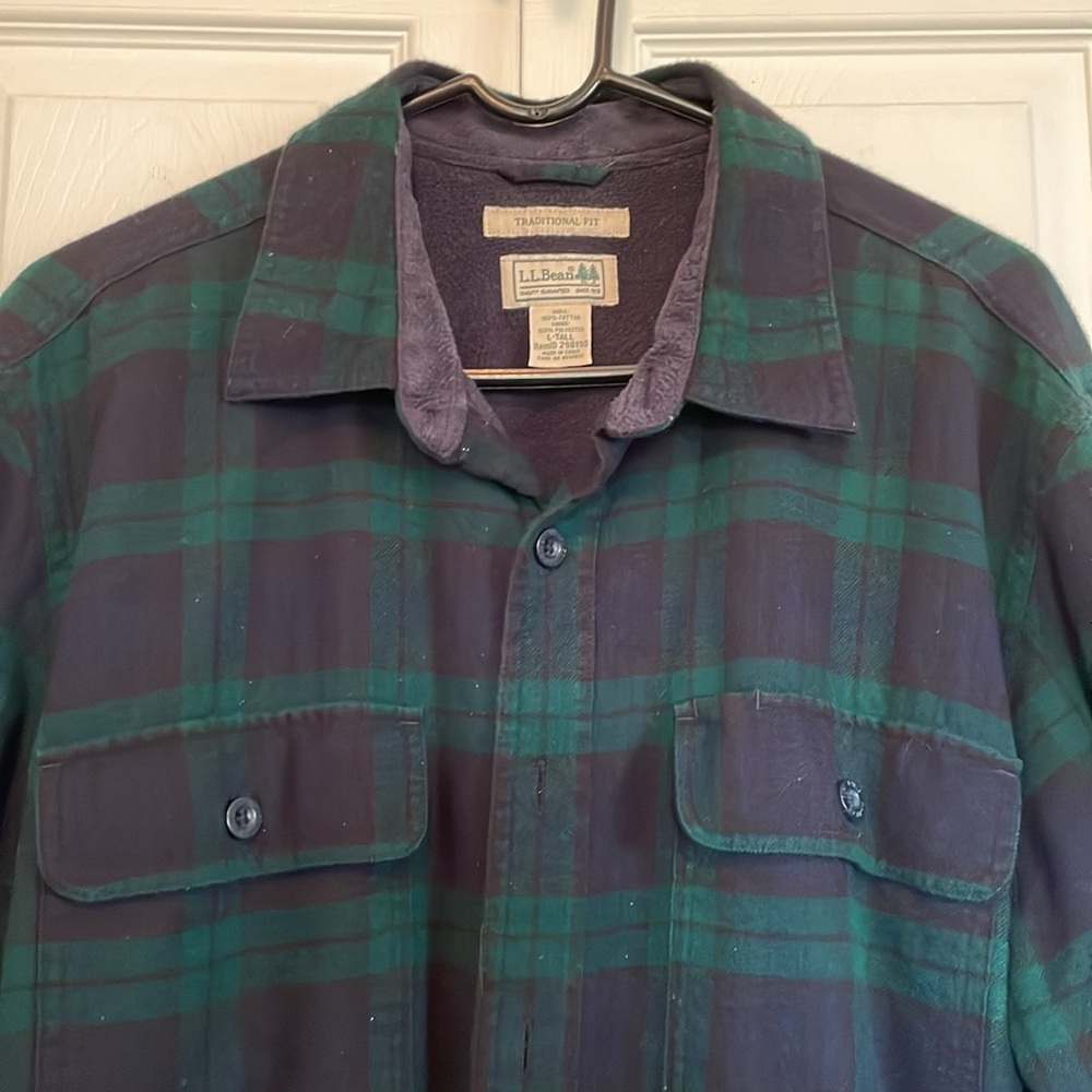 Men’s LL Bean Large Tall flannel fleece lined Navy green plaid 4 pockets shacket